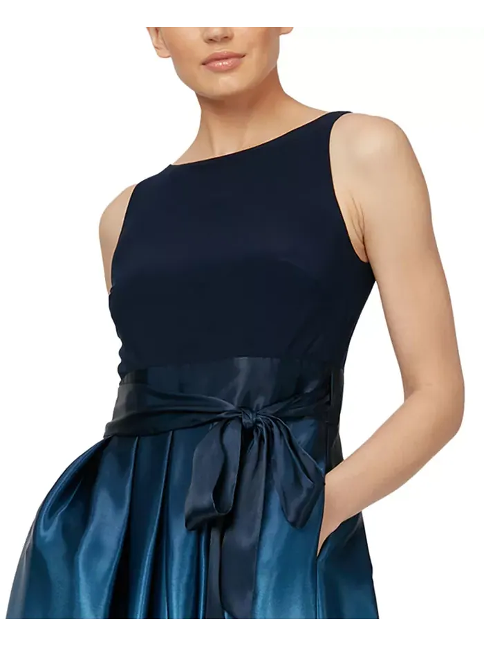 Платье с атласным бантом в технике омбре SL Fashions — изображение 3 из 6, темно-синий