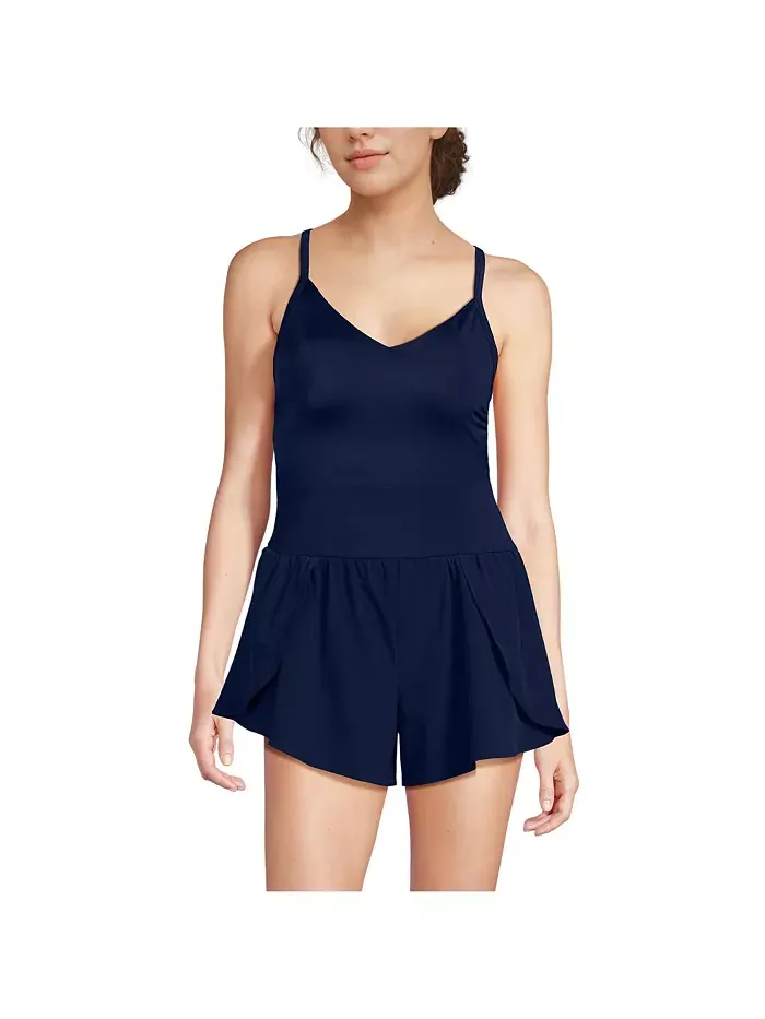 Женский купальник Tugless Strappy X-Back Romper без застежек Lands' End — изображение 1 из 3, глубокий темно-синий