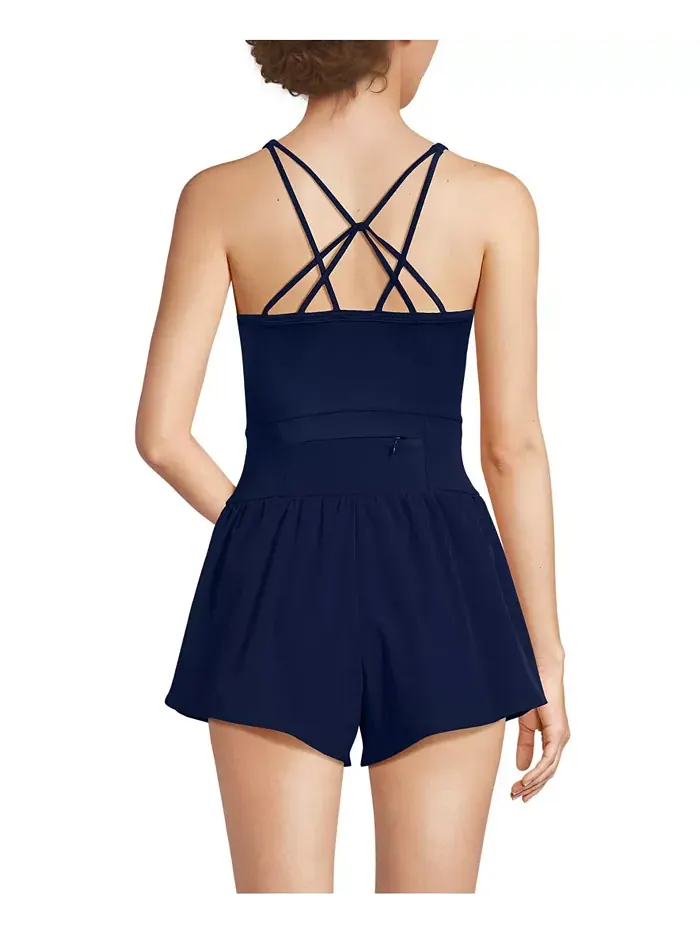 Женский купальник Tugless Strappy X-Back Romper без застежек Lands' End — изображение 2 из 3, глубокий темно-синий