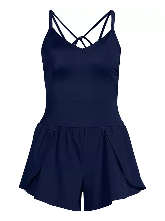 Женский купальник Tugless Strappy X-Back Romper без застежек Lands' End — изображение 3 из 3, глубокий темно-синий