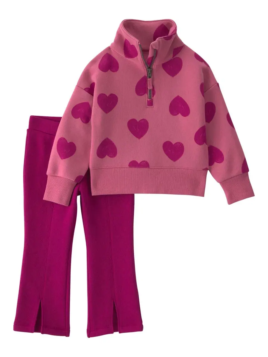 Комплект из свитшота с четверть-молнией и брюк с принтом сердца, модель Heart Fleece Quarter-Zip