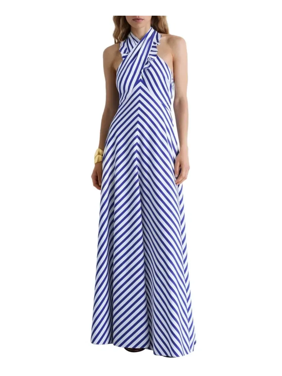 Платье макси с запахом на шее с рюшами Luna Striped REISS — изображение 1 из 5, синий/слоновая кость