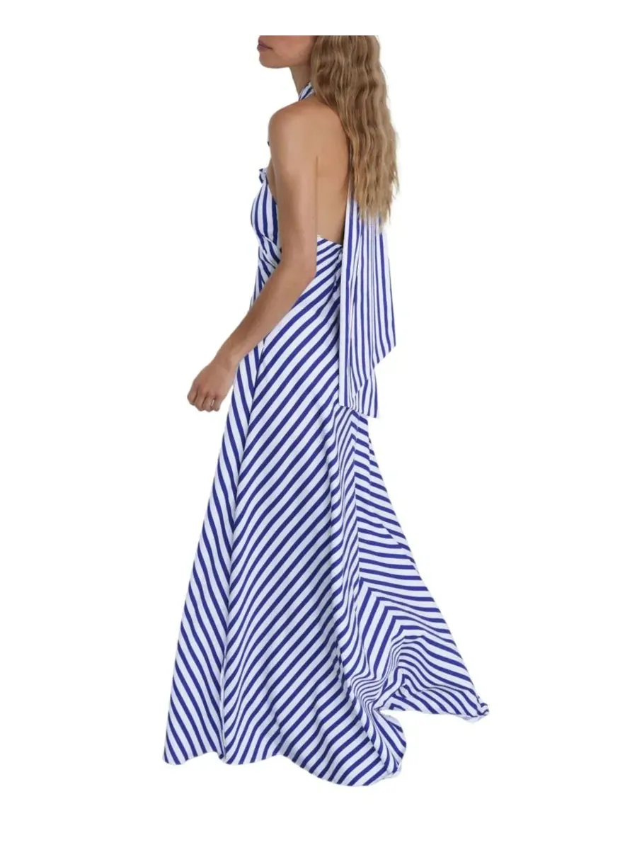 Платье макси с запахом на шее с рюшами Luna Striped REISS — изображение 2 из 5, синий/слоновая кость