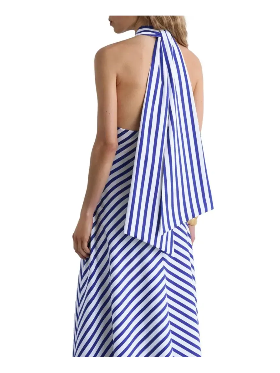 Платье макси с запахом на шее с рюшами Luna Striped REISS — изображение 4 из 5, синий/слоновая кость