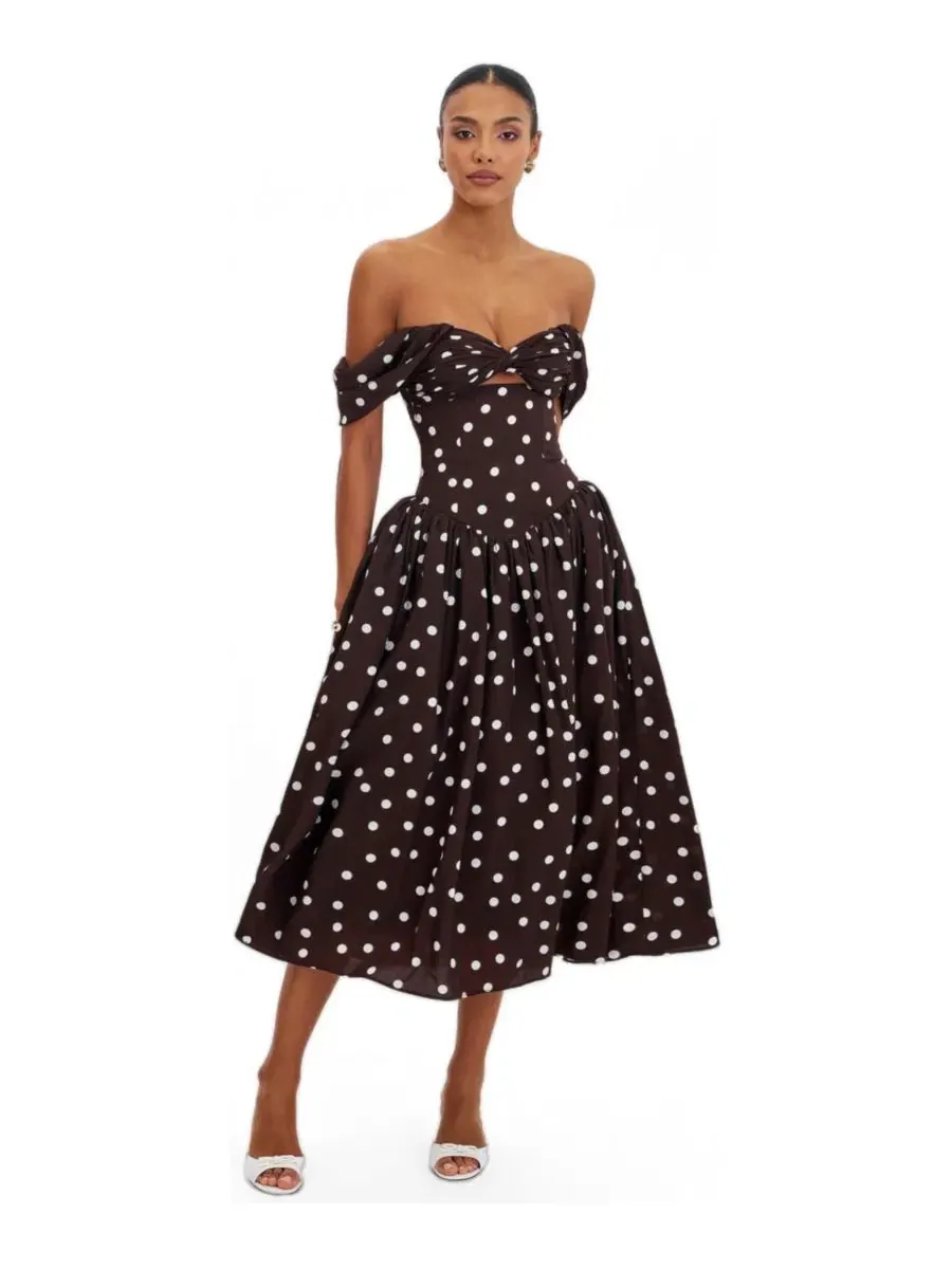 Платье миди с открытыми плечами, с принтом в горошек Miss Circle — изображение 2 из 5, коричневый