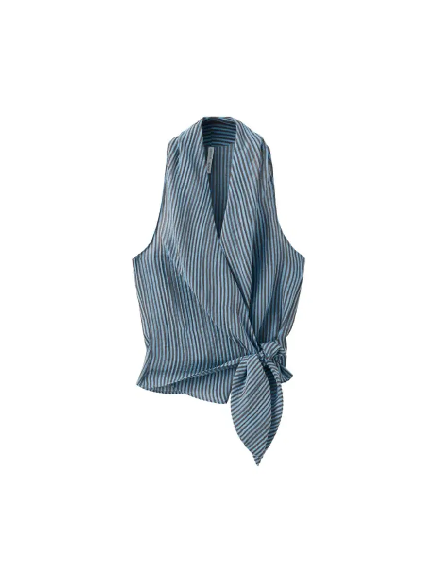 Блуза-запах с принтом, модель Striped Wrap MANGO — изображение 1 из 6, синий