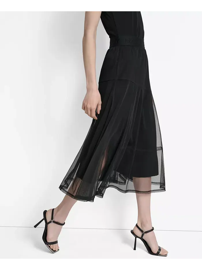Женская многослойная сетчатая юбка миди с логотипом на ленте DKNY — изображение 2 из 4, черный