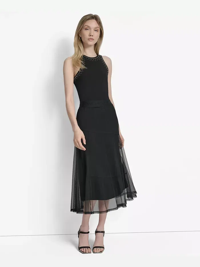 Женская многослойная сетчатая юбка миди с логотипом на ленте DKNY — изображение 3 из 4, черный