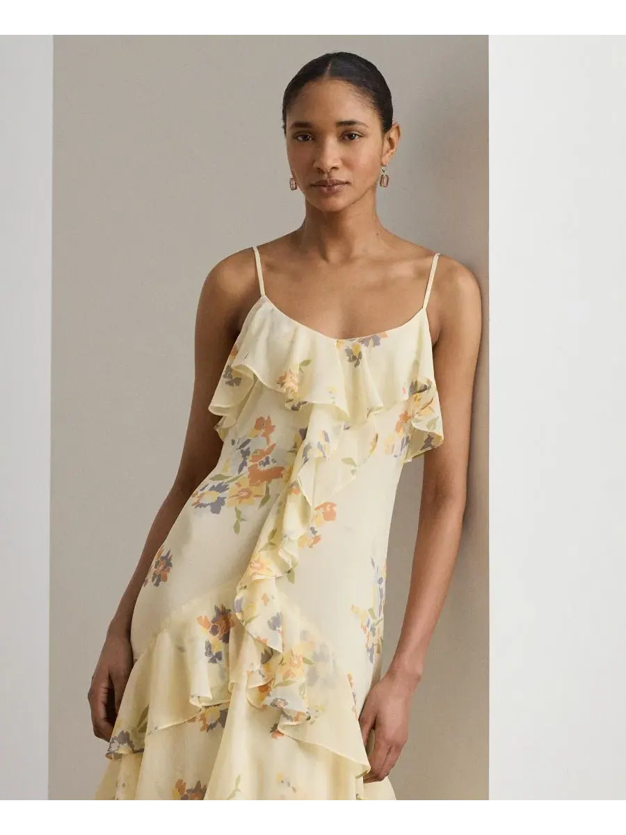 Платье из жоржета с цветочным узором и оборками Lauren Ralph Lauren — изображение 2 из 5, кремовый мульти