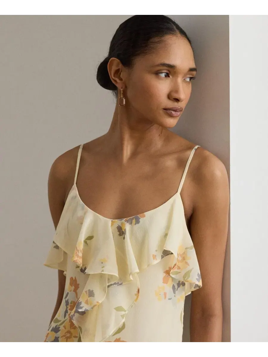 Платье из жоржета с цветочным узором и оборками Lauren Ralph Lauren — изображение 3 из 5, кремовый мульти
