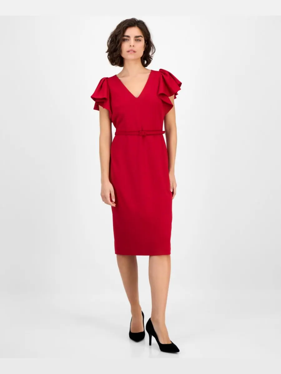 Женское платье-футляр с V-образным вырезом и рукавами-воланами Anne Klein