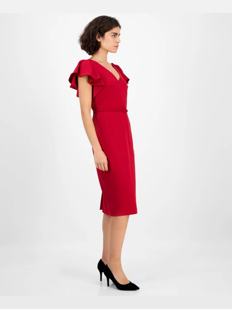 Женское платье-футляр с V-образным вырезом и рукавами-воланами Anne Klein — изображение 2 из 5, красный