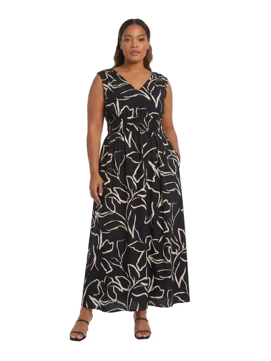 Платье-трапеция с принтом, на запах, без рукавов, Plus Size Smocked Waist Printed Dress London Times — изображение 1 из 3