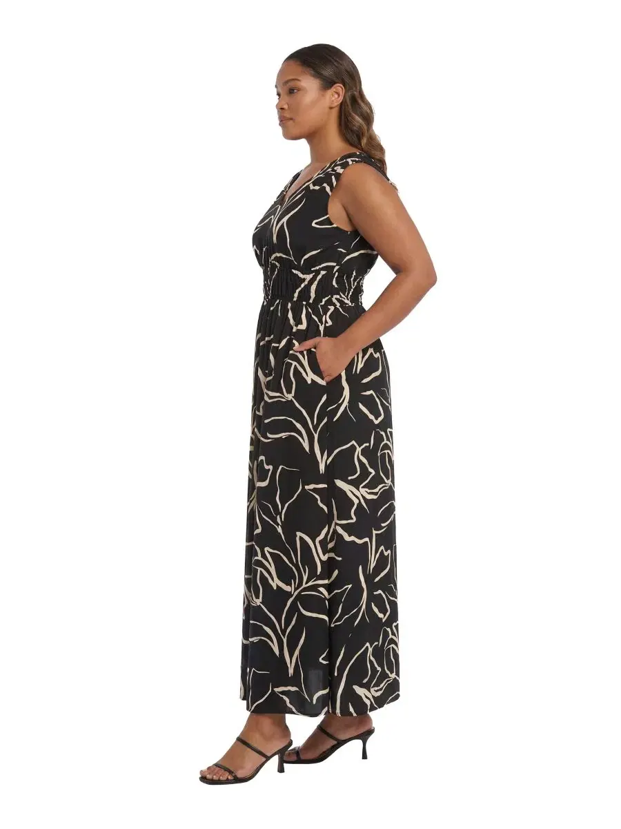 Платье-трапеция с принтом, на запах, без рукавов, Plus Size Smocked Waist Printed Dress London Times — изображение 2 из 3