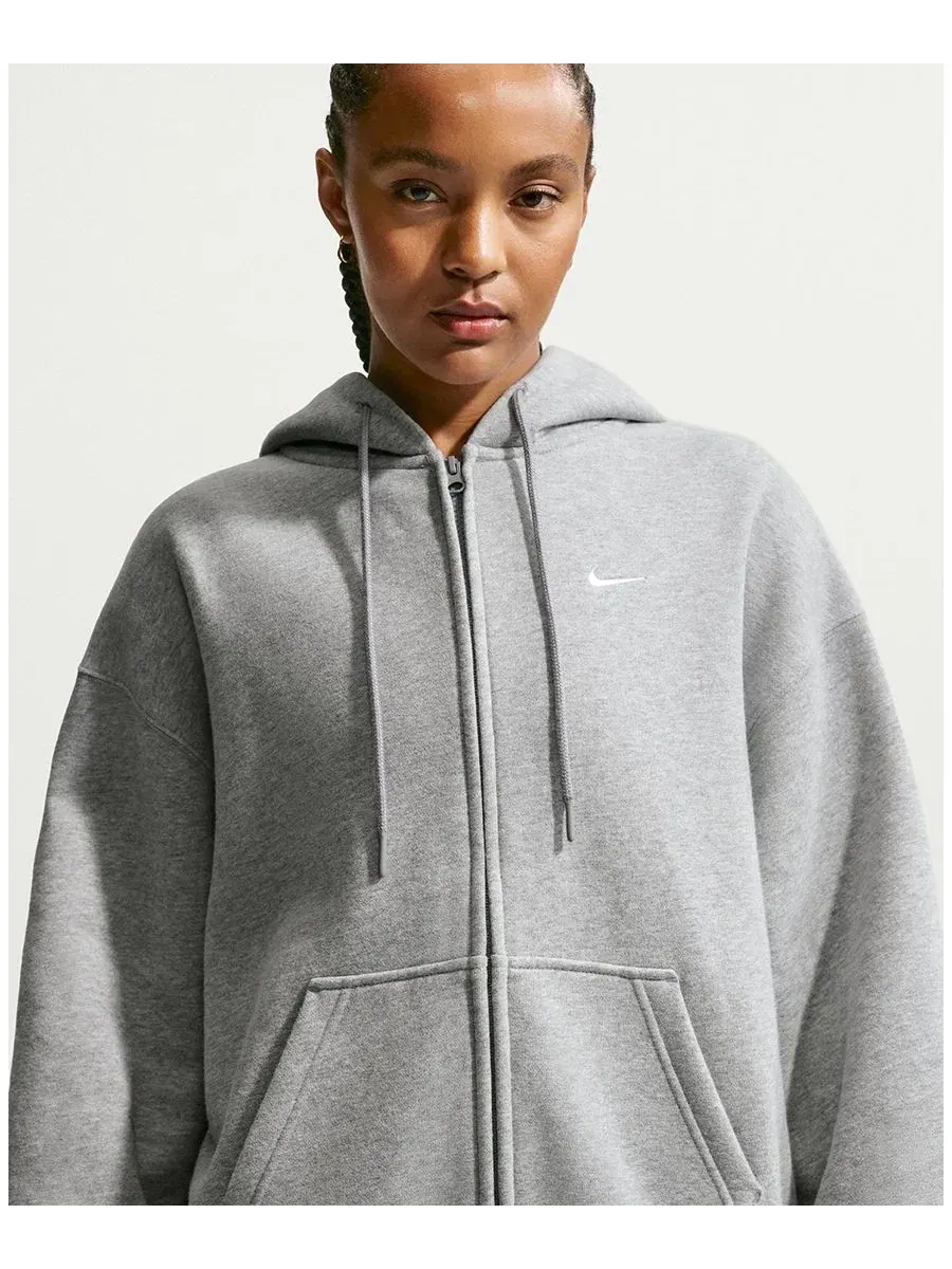 Худи Nike Studio Fleece с капюшоном и полной молнией, оверсайз — изображение 2 из 5, серый