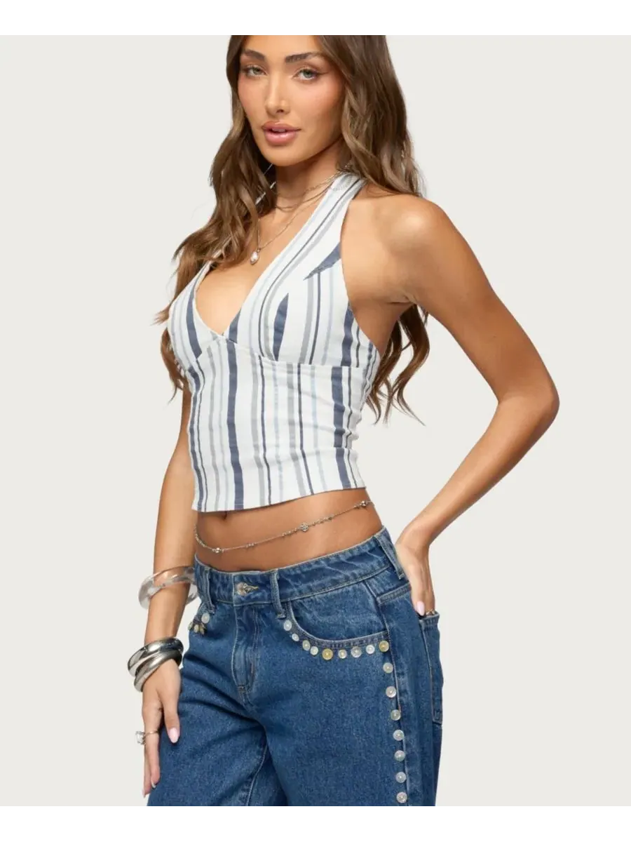 Джинсовый топ-халтер с принтом, модель Sofey Striped Edikted — изображение 4 из 5, мульти