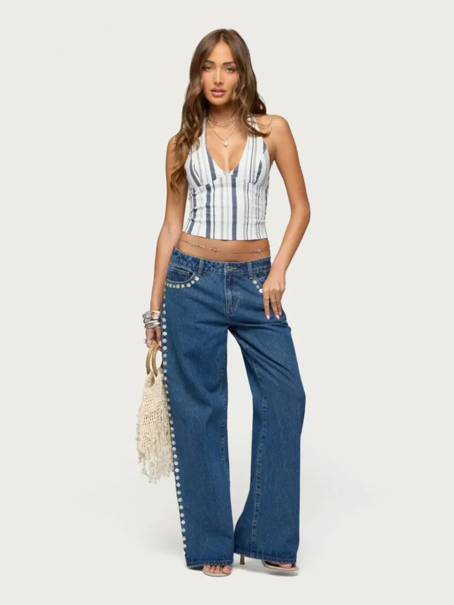 Джинсовый топ-халтер с принтом, модель Sofey Striped Edikted — изображение 5 из 5, мульти