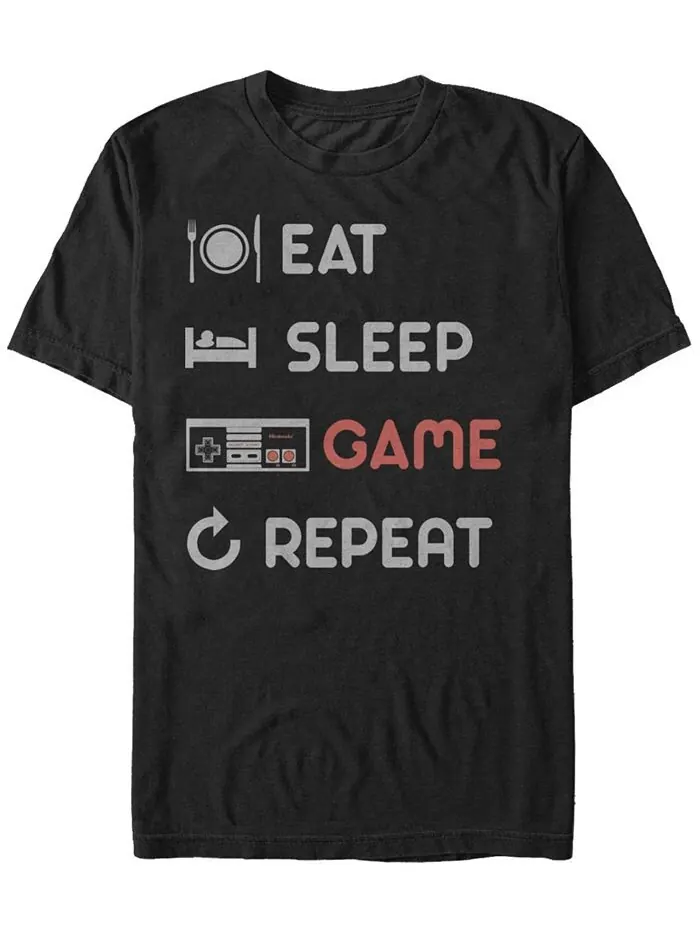 Мужская футболка Nintendo с короткими рукавами и повтором игры NES Eat Sleep Game Fifth Sun — изображение 1 из 1, черный