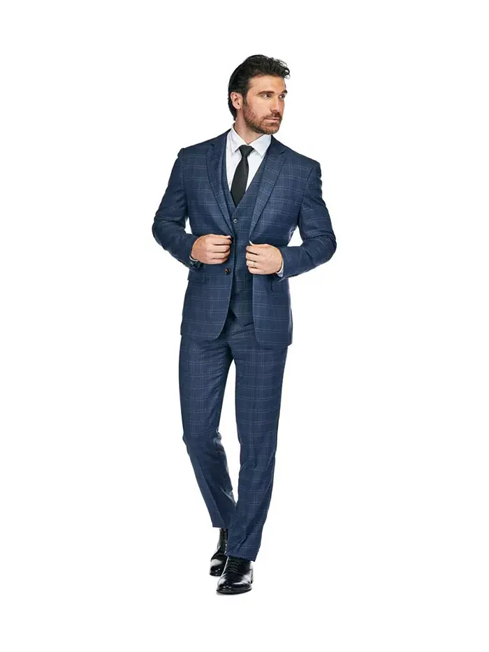 Стройный синий мужской костюм-тройка в клетку Slim Fit 3PC Tailored Blue Check Gino Vitale — изображение 1 из 4