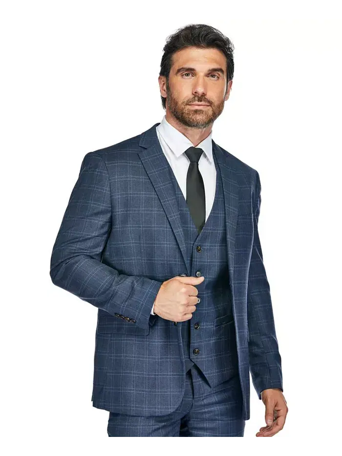 Стройный синий мужской костюм-тройка в клетку Slim Fit 3PC Tailored Blue Check Gino Vitale — изображение 2 из 4