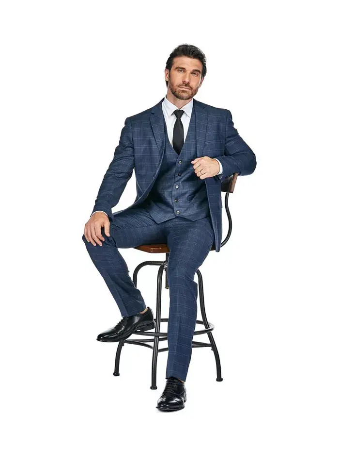 Стройный синий мужской костюм-тройка в клетку Slim Fit 3PC Tailored Blue Check Gino Vitale — изображение 4 из 4