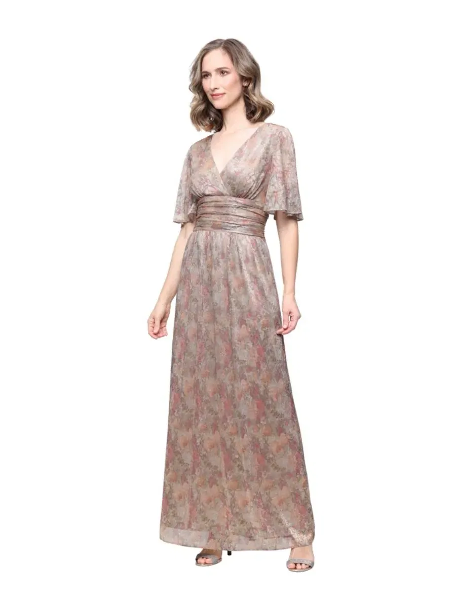 Платье длинное с V-образным вырезом и рукавом-воланами SL Fashions — изображение 1 из 3, золотистый мульти
