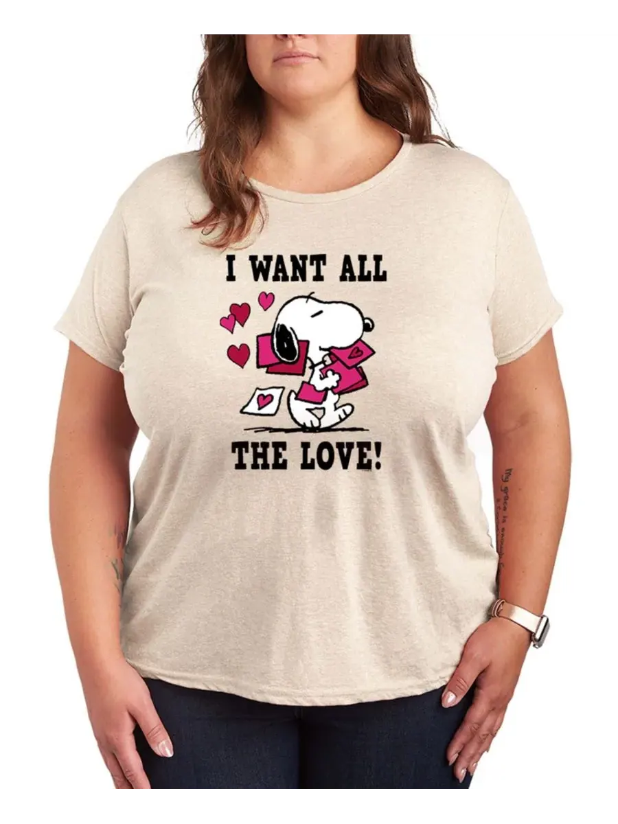 Женская футболка с коротким рукавом и графическим принтом «Peanuts Snoopy Valentine I Want All The — изображение 1 из 3