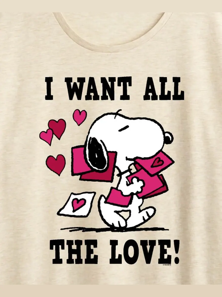 Женская футболка с коротким рукавом и графическим принтом «Peanuts Snoopy Valentine I Want All The — изображение 2 из 3
