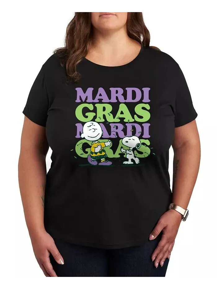 Футболка большого размера с круглым вырезом и принтом Peanuts Mardi Gras Hybrid Apparel — изображение 1 из 3, черный