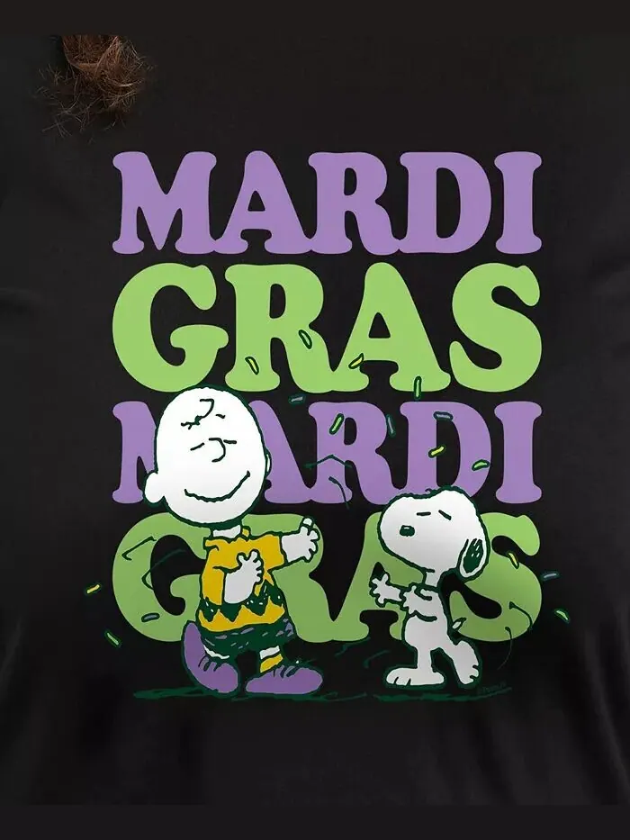 Футболка большого размера с круглым вырезом и принтом Peanuts Mardi Gras Hybrid Apparel — изображение 3 из 3, черный