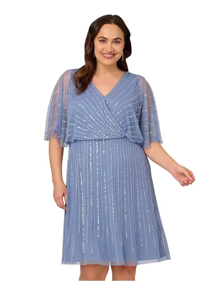 Платье короткое с запахом и бисером Plus Size Adrianna Papell — изображение 4 из 5, синий