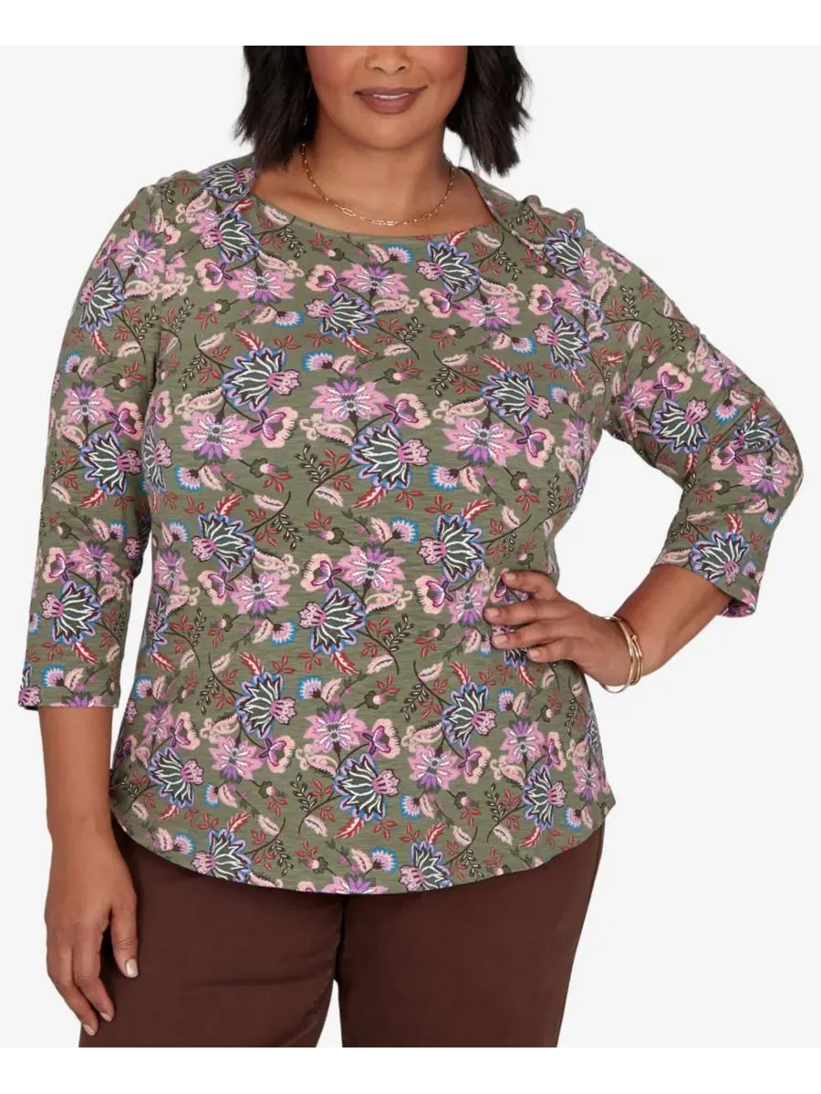 Футболка с квадратным вырезом и принтом Garden Square, 3/4 рукав, Plus Size Ruby Rd.