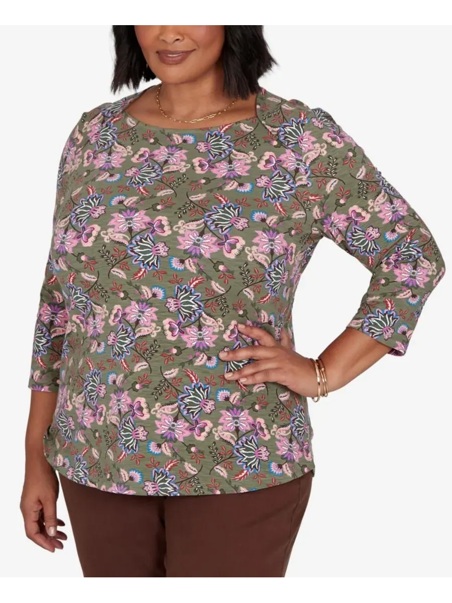 Футболка с квадратным вырезом и принтом Garden Square, 3/4 рукав, Plus Size Ruby Rd. — изображение 2 из 5, мульти