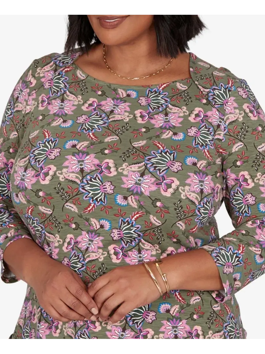 Футболка с квадратным вырезом и принтом Garden Square, 3/4 рукав, Plus Size Ruby Rd. — изображение 4 из 5, мульти