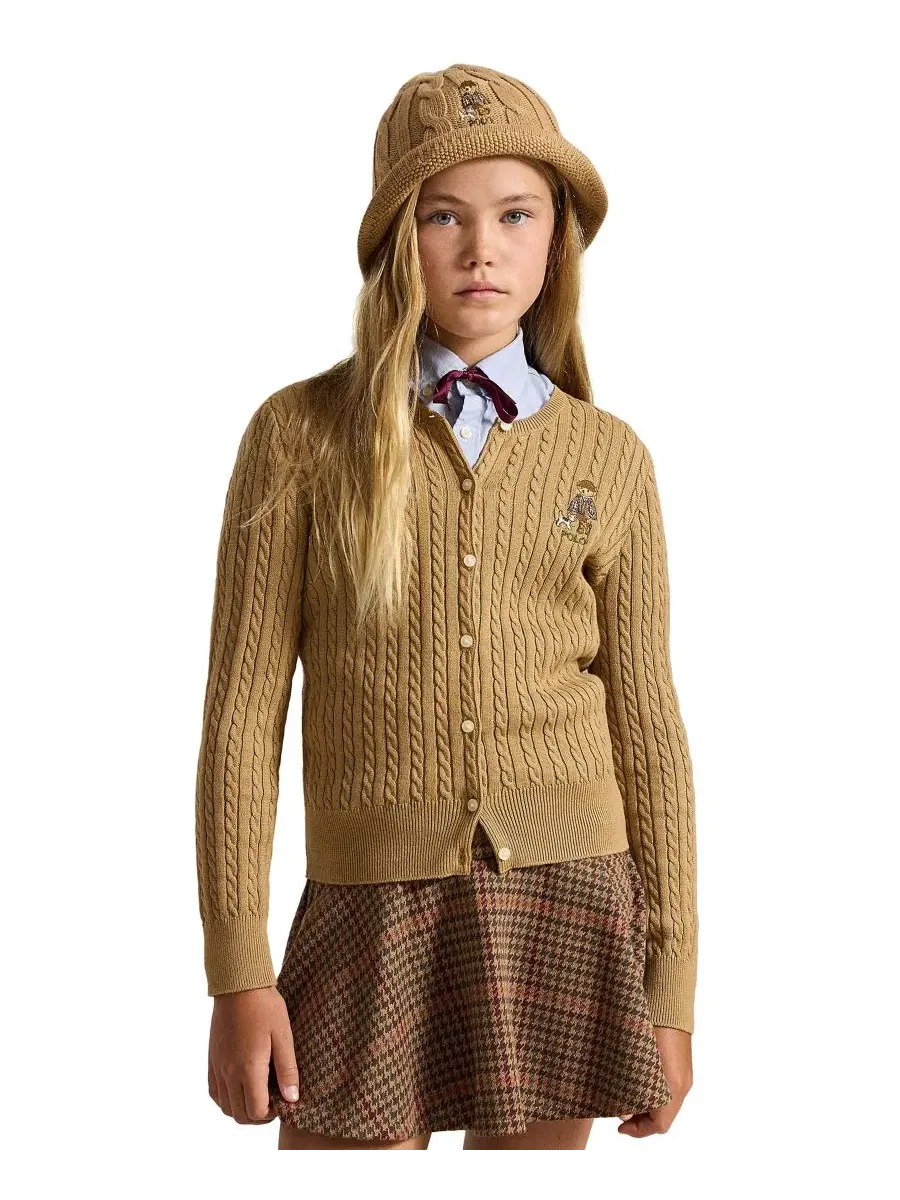 Кардиган с косами и принтом Polo Bear из хлопка, модель Polo Bear Mini-Cable Polo Ralph Lauren — изображение 1 из 5, бежевый