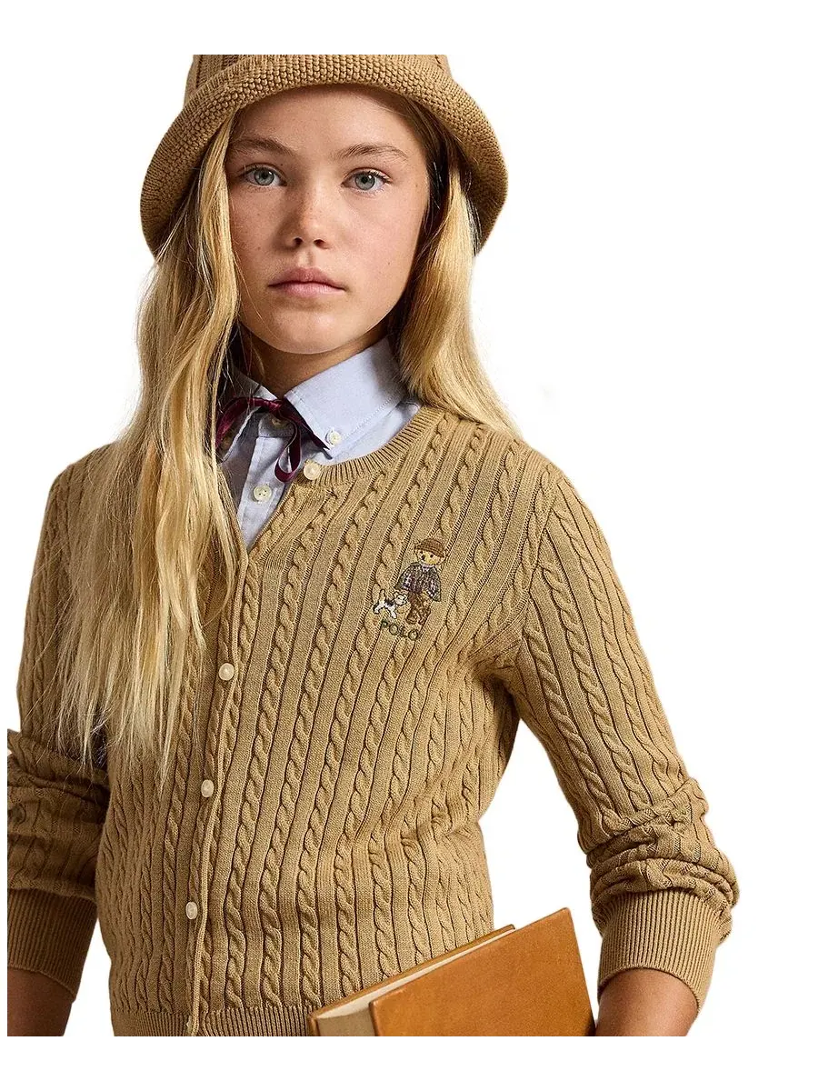 Кардиган с косами и принтом Polo Bear из хлопка, модель Polo Bear Mini-Cable Polo Ralph Lauren — изображение 3 из 5, бежевый