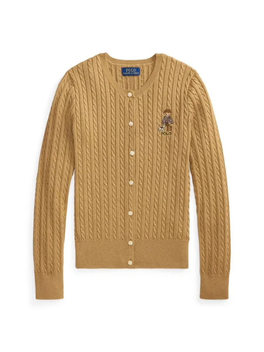 Кардиган с косами и принтом Polo Bear из хлопка, модель Polo Bear Mini-Cable Polo Ralph Lauren — изображение 4 из 5, бежевый