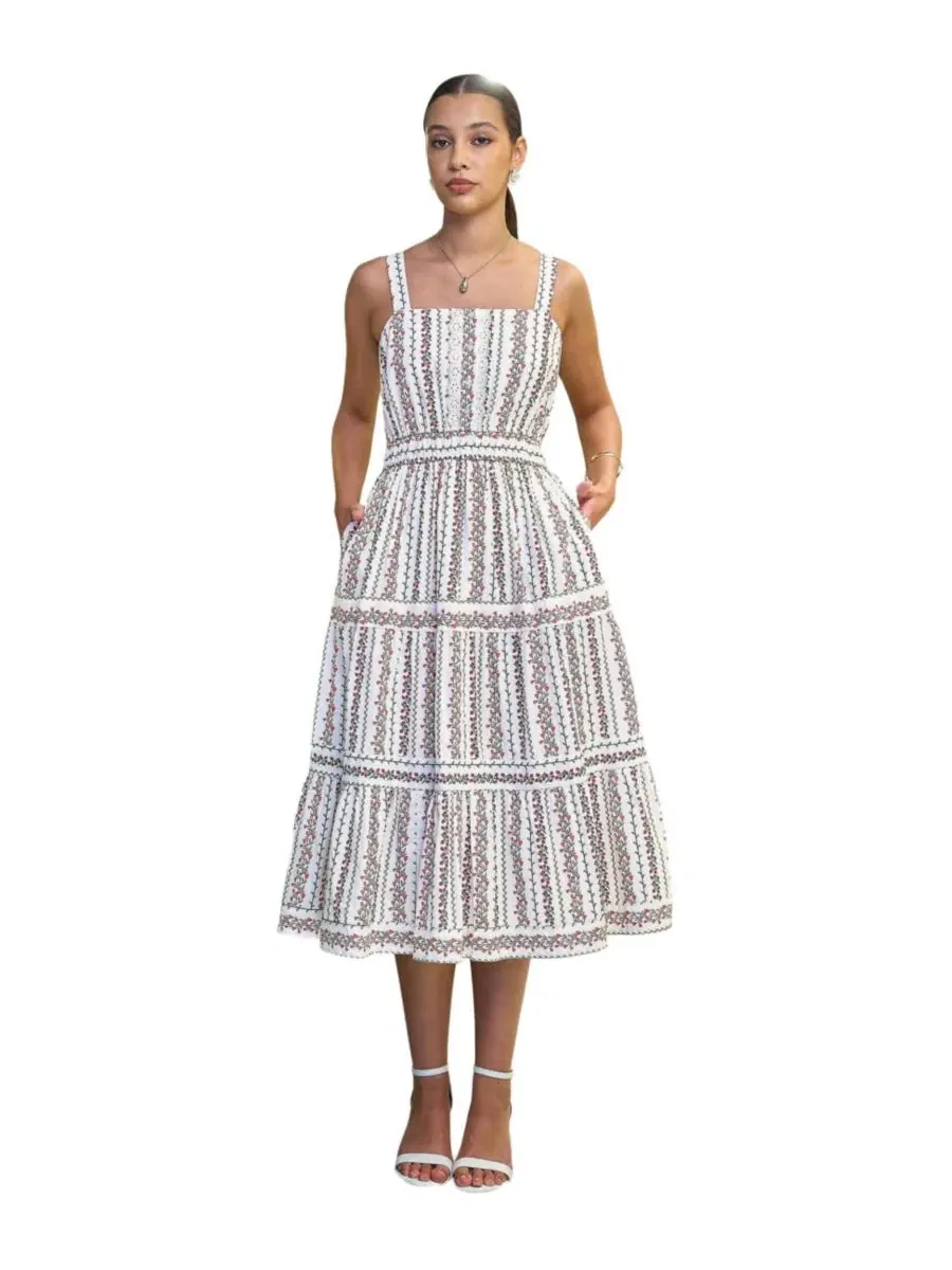 Платье-миди с цветочным принтом и кружевной отделкой Botanical Stripe Lace Trim Yumi — изображение 1 из 8, белый
