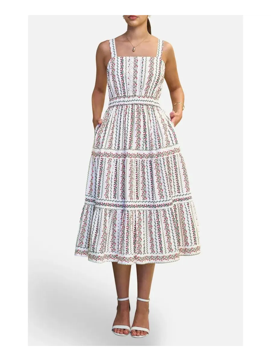 Платье-миди с цветочным принтом и кружевной отделкой Botanical Stripe Lace Trim Yumi — изображение 2 из 8, белый