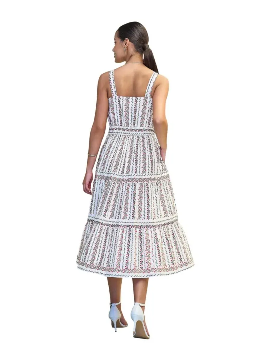 Платье-миди с цветочным принтом и кружевной отделкой Botanical Stripe Lace Trim Yumi — изображение 3 из 8, белый