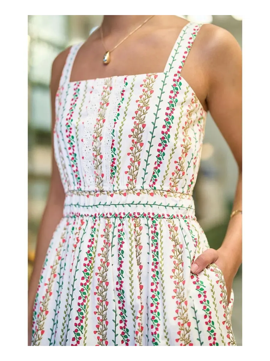 Платье-миди с цветочным принтом и кружевной отделкой Botanical Stripe Lace Trim Yumi — изображение 6 из 8, белый