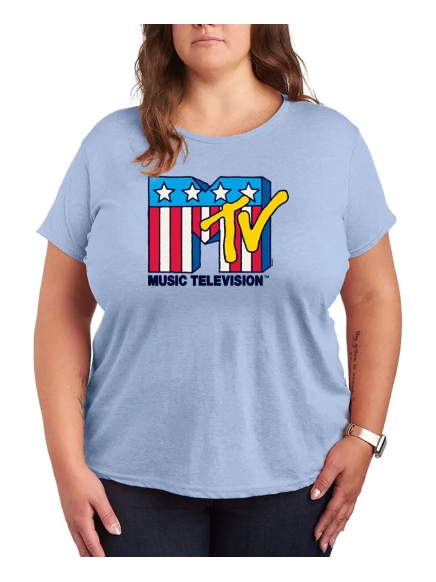 Футболка большого размера с графическим изображением флага США и логотипом MTV Hybrid Apparel — изображение 1 из 3, синий