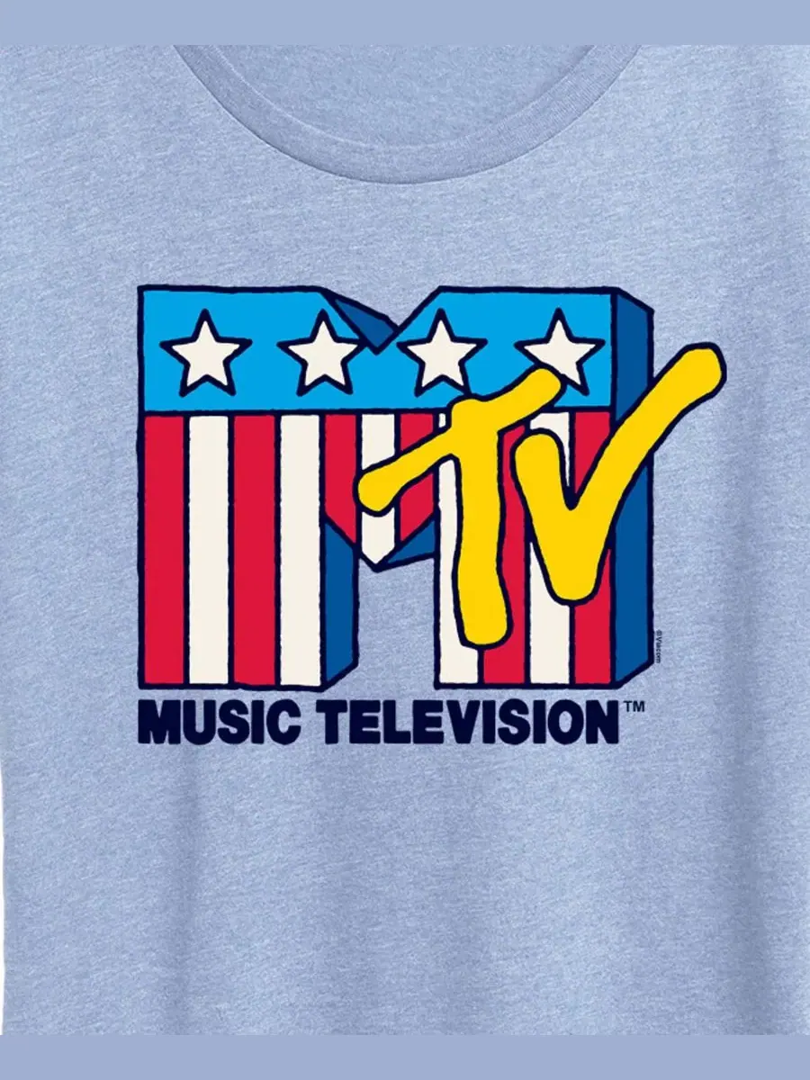 Футболка большого размера с графическим изображением флага США и логотипом MTV Hybrid Apparel — изображение 2 из 3, синий