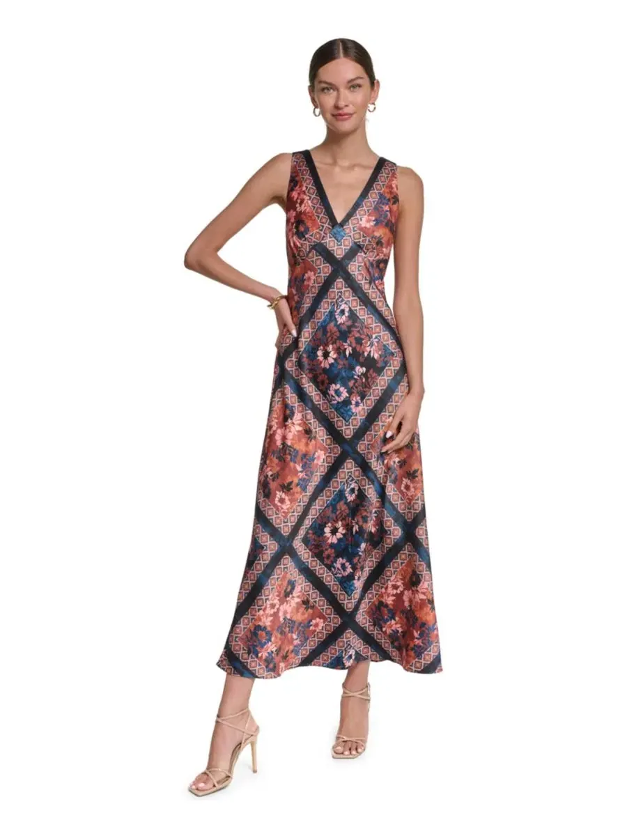 Платье макси с принтом scarf, с V-образным вырезом, без рукавов Halston