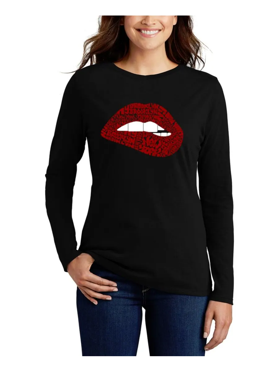Женская футболка с длинными рукавами Brooklyn Lips с надписью "Brooklyn Lips" LA Pop Art — изображение 1 из 3, черный