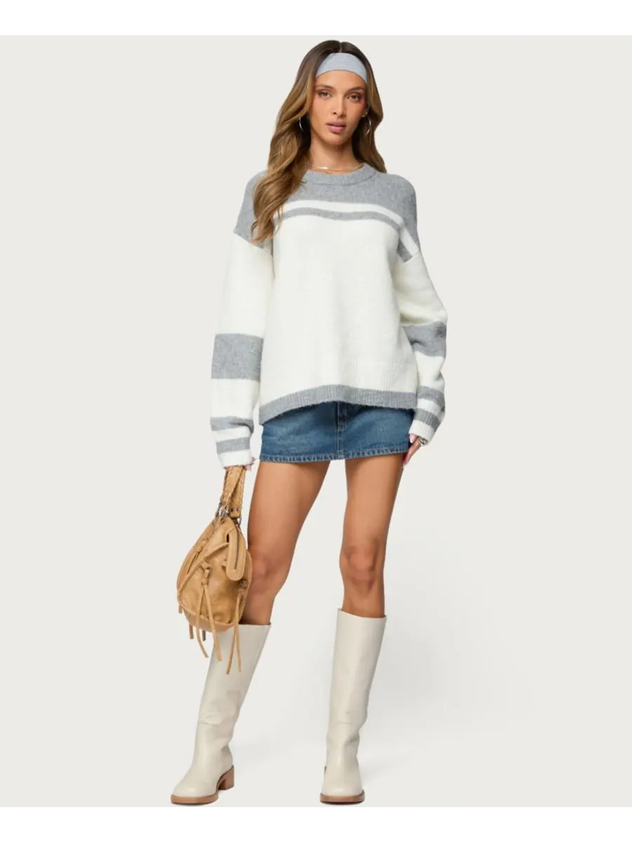 Женский полосатый свитер Nogah оверсайз Edikted — изображение 5 из 5, серый--белый