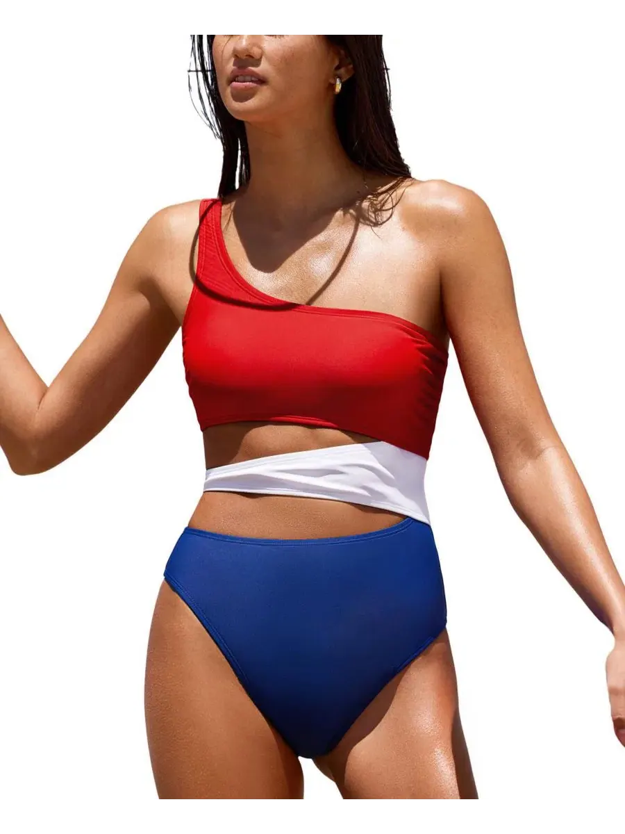 Женский цельный купальник с асимметричным вырезом July Mood Colorblock Cupshe — изображение 2 из 3, синий