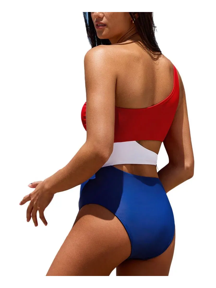 Женский цельный купальник с асимметричным вырезом July Mood Colorblock Cupshe — изображение 3 из 3, синий