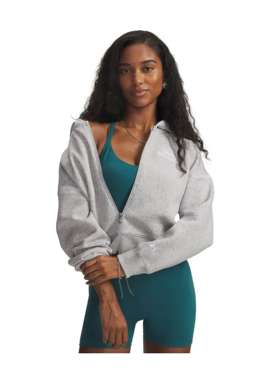 Худи женское с капюшоном и полной молнией, модель Rival Script Crop Under Armour — изображение 1 из 3, серый светлый