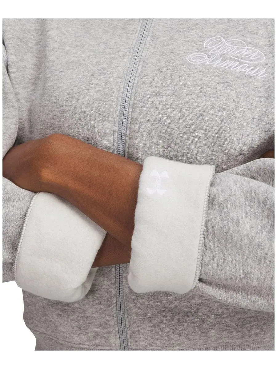 Худи женское с капюшоном и полной молнией, модель Rival Script Crop Under Armour — изображение 2 из 3, серый светлый